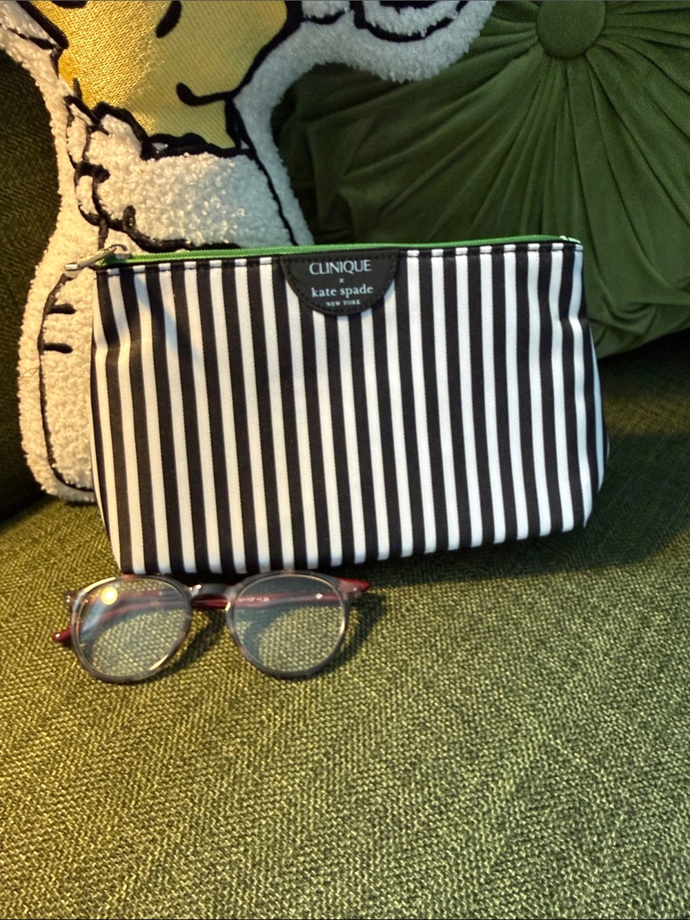 kate spade Black and White Striped Cosmetic Pouch with Green Trim